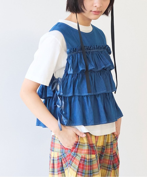 bulle de savon(ビュルデサボン)の「5.5oz denim furifuri ベスト(シャツ/ブラウス・レディース・ブルー/インディゴブルー・FREE)」の9枚目の写真