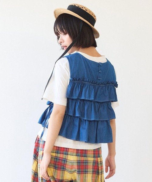 bulle de savon(ビュルデサボン)の「5.5oz denim furifuri ベスト(シャツ/ブラウス・レディース・ブルー/インディゴブルー・FREE)」の11枚目の写真