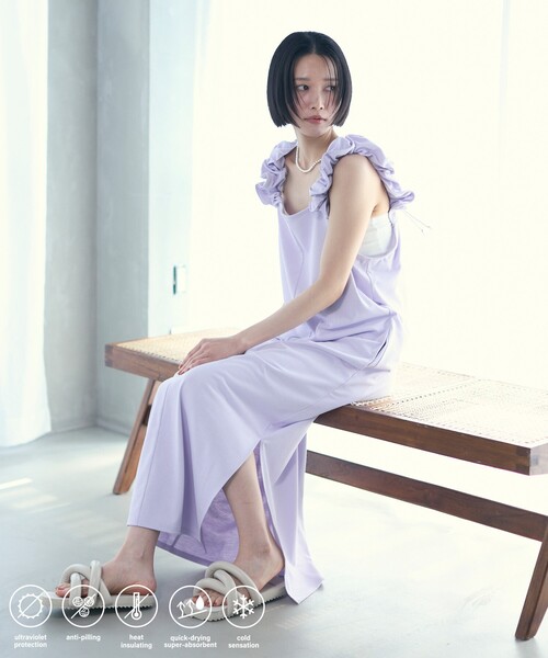 Firsthand（ファーストハンド）の「Firsthand/ファーストハンド 機能性素材 AIRDRY ドロストショルダーワンピース / エアドライ ギャザーロングワンピース / 吸水速乾 / 接触冷感 / UVカット（ワンピース・レディース・ブラック/ブルーグリーン/ラベンダー・FREE）」の3枚目の写真