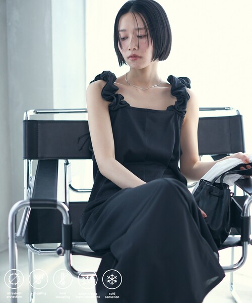 Firsthand（ファーストハンド）の「Firsthand/ファーストハンド 機能性素材 AIRDRY ドロストショルダーワンピース / エアドライ ギャザーロングワンピース / 吸水速乾 / 接触冷感 / UVカット（ワンピース・レディース・ブラック/ブルーグリーン/ラベンダー・FREE）」の2枚目の写真