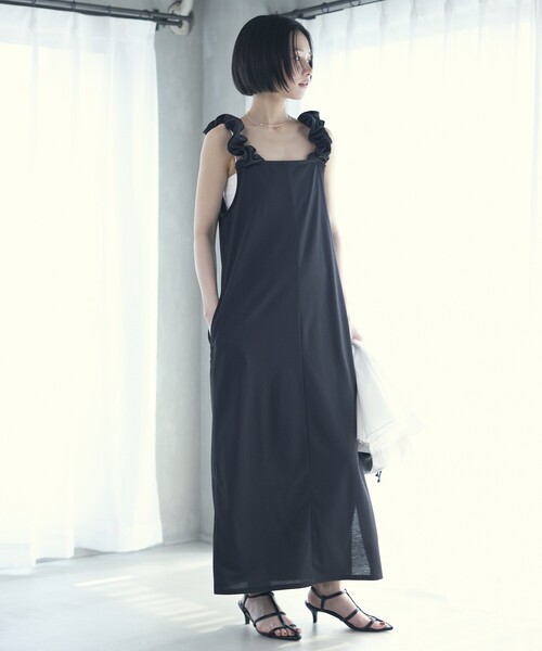 Firsthand（ファーストハンド）の「Firsthand/ファーストハンド 機能性素材 AIRDRY ドロストショルダーワンピース / エアドライ ギャザーロングワンピース / 吸水速乾 / 接触冷感 / UVカット（ワンピース・レディース・ブラック/ブルーグリーン/ラベンダー・FREE）」の8枚目の写真