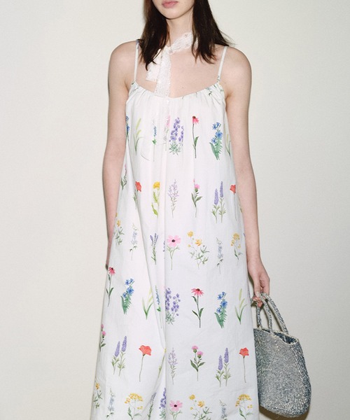 フリルレースヘム フラワープリント ロングワンピース FC25L023