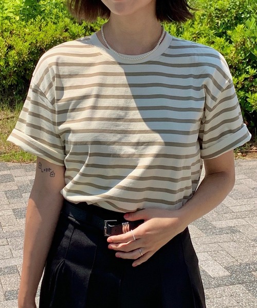 Teem Store（チームストア）の「ルーズシルエットバスクボーダーTシャツ（Tシャツ/カットソー・レディース・ブラック/ベージュ/ブルー/グリーン・M/L）」の3枚目の写真
