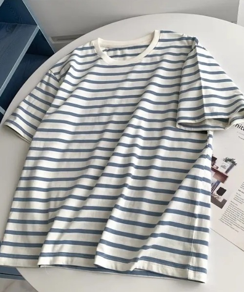 Teem Store(チームストア)の「ルーズシルエットバスクボーダーTシャツ(Tシャツ/カットソー・レディース・ブラック/ベージュ/ブルー/グリーン・M/L)」の1枚目の写真