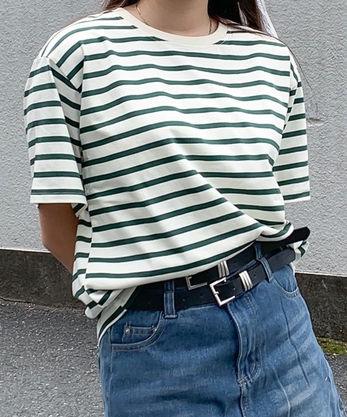 Teem Store（チームストア）の「ルーズシルエットバスクボーダーTシャツ（Tシャツ/カットソー・レディース・ブラック/ベージュ/ブルー/グリーン・M/L）」の4枚目の写真