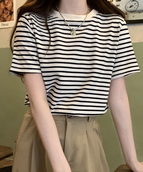 Teem Store(チームストア)の「ルーズシルエットバスクボーダーTシャツ(Tシャツ/カットソー・レディース・ブラック/ベージュ/ブルー/グリーン・M/L)」の2枚目の写真