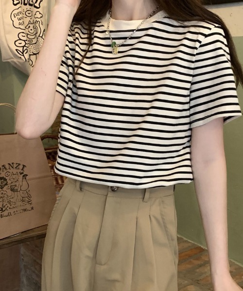 Teem Store(チームストア)の「ルーズシルエットバスクボーダーTシャツ(Tシャツ/カットソー・レディース・ブラック/ベージュ/ブルー/グリーン・M/L)」の6枚目の写真