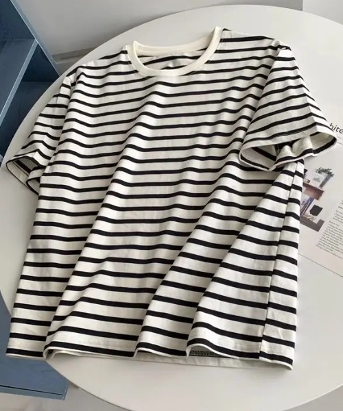 Teem Store(チームストア)の「ルーズシルエットバスクボーダーTシャツ(Tシャツ/カットソー・レディース・ブラック/ベージュ/ブルー/グリーン・M/L)」の5枚目の写真