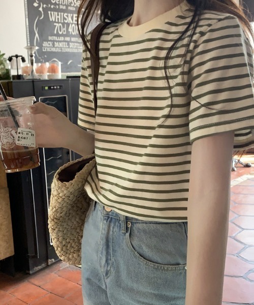 Teem Store(チームストア)の「ルーズシルエットバスクボーダーTシャツ(Tシャツ/カットソー・レディース・ブラック/ベージュ/ブルー/グリーン・M/L)」の9枚目の写真