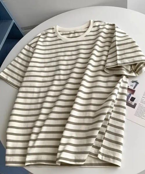 Teem Store(チームストア)の「ルーズシルエットバスクボーダーTシャツ(Tシャツ/カットソー・レディース・ブラック/ベージュ/ブルー/グリーン・M/L)」の8枚目の写真