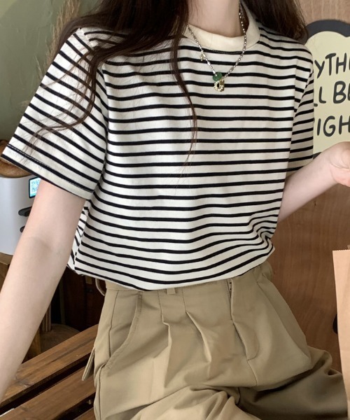Teem Store(チームストア)の「ルーズシルエットバスクボーダーTシャツ(Tシャツ/カットソー・レディース・ブラック/ベージュ/ブルー/グリーン・M/L)」の7枚目の写真
