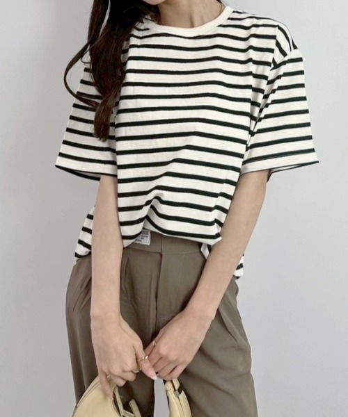 Teem Store(チームストア)の「ルーズシルエットバスクボーダーTシャツ(Tシャツ/カットソー・レディース・ブラック/ベージュ/ブルー/グリーン・M/L)」の14枚目の写真