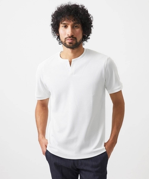MICHEL KLEIN HOMME (ミッシェルクランオム)の「《日本製》キーネック半袖カットソー(Tシャツ/カットソー・メンズ・ブラック/ホワイト・MEDIUM/LARGE/X-LARGE)」の3枚目の写真