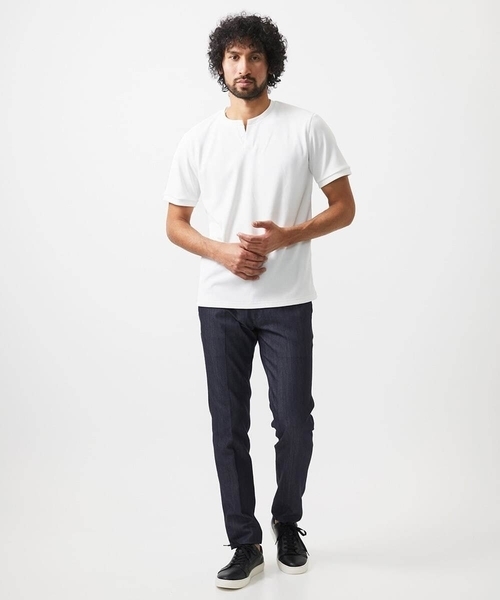 MICHEL KLEIN HOMME (ミッシェルクランオム)の「《日本製》キーネック半袖カットソー(Tシャツ/カットソー・メンズ・ブラック/ホワイト・MEDIUM/LARGE/X-LARGE)」の4枚目の写真