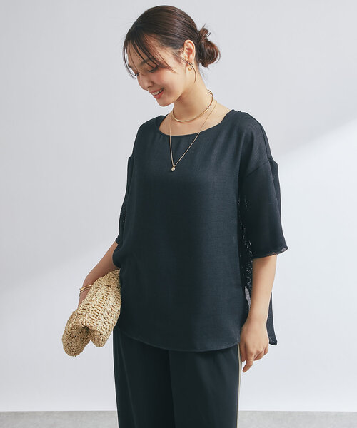 CHINE COLLECTION メッシュ素材ビーズスパンコール装飾半袖トップス CHINE COLLECTION メッシュ素材ビーズスパンコール装飾半袖