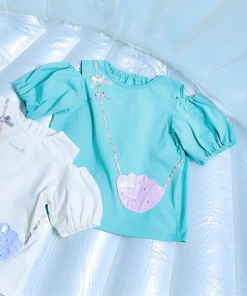 apres les cours（アプレレクール）の「【接触冷感/ジュニア対応】シェルポシェットオフショルTシャツ（Tシャツ/カットソー・キッズ・アイボリー/エメラルド・100/130/80/110/120/140/90）」の2枚目の写真