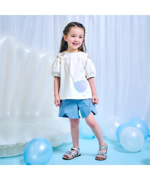 apres les cours（アプレレクール）の「【接触冷感/ジュニア対応】シェルポシェットオフショルTシャツ（Tシャツ/カットソー・キッズ・アイボリー/エメラルド・100/130/80/110/120/140/90）」の3枚目の写真