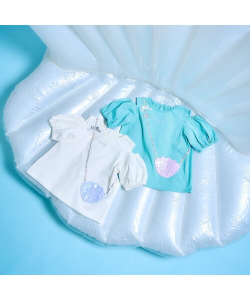 apres les cours（アプレレクール）の「【接触冷感/ジュニア対応】シェルポシェットオフショルTシャツ（Tシャツ/カットソー・キッズ・アイボリー/エメラルド・100/130/80/110/120/140/90）」の7枚目の写真