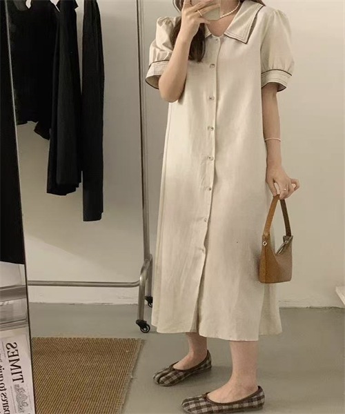 FREE STYLISTS（フリー スタイリスト）の「配色ライン　麻綿シャツワンピース（シャツワンピース・レディース・オフホワイト/ブラック/ベージュ・FREE）」の3枚目の写真