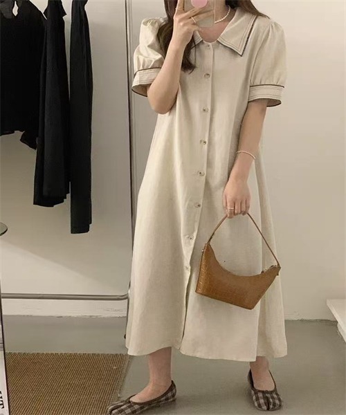 FREE STYLISTS（フリー スタイリスト）の「配色ライン　麻綿シャツワンピース（シャツワンピース・レディース・オフホワイト/ブラック/ベージュ・FREE）」の7枚目の写真