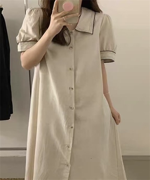 FREE STYLISTS（フリー スタイリスト）の「配色ライン　麻綿シャツワンピース（シャツワンピース・レディース・オフホワイト/ブラック/ベージュ・FREE）」の9枚目の写真