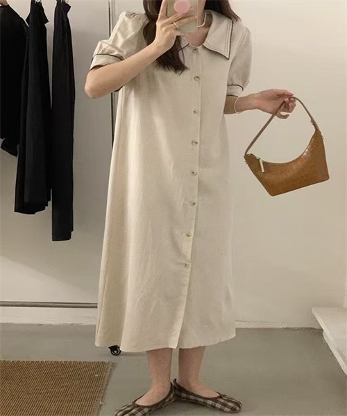 FREE STYLISTS（フリー スタイリスト）の「配色ライン　麻綿シャツワンピース（シャツワンピース・レディース・オフホワイト/ブラック/ベージュ・FREE）」の17枚目の写真