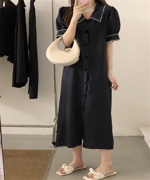 FREE STYLISTS（フリー スタイリスト）の「配色ライン　麻綿シャツワンピース（シャツワンピース・レディース・オフホワイト/ブラック/ベージュ・FREE）」の5枚目の写真