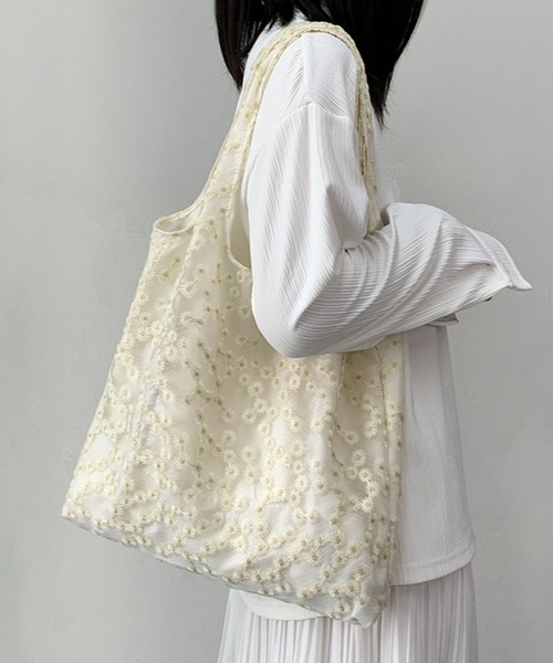新品未使用　HIAND Flower Jacquard OP ホワイト ホワイトローズ刺繍バッグ （トートバッグ）｜PINK HOUSE