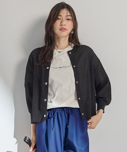 ANY(エニィ)の「シアーニットショートカーディガン(カーディガン/ボレロ・レディース・ブラック系/アイボリー系/ダークグリーン系/イエロー系・F)」の2枚目の写真