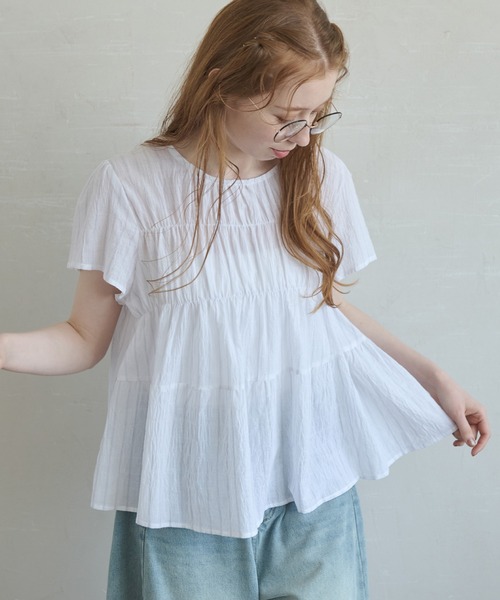 Crisp（クリスプ）の「ストライプシャーリングギャザーブラウス（シャツ/ブラウス・レディース・ブルー/ホワイト・FREE）」の2枚目の写真
