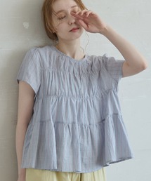 ストライプシャーリングギャザーブラウス