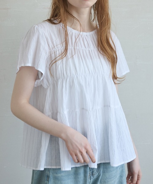 Crisp（クリスプ）の「ストライプシャーリングギャザーブラウス（シャツ/ブラウス・レディース・ブルー/ホワイト・FREE）」の3枚目の写真