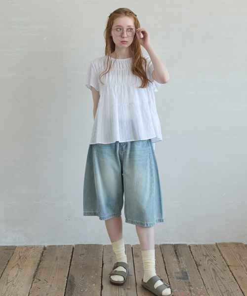 Crisp（クリスプ）の「ストライプシャーリングギャザーブラウス（シャツ/ブラウス・レディース・ブルー/ホワイト・FREE）」の7枚目の写真