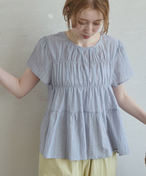 Crisp（クリスプ）の「ストライプシャーリングギャザーブラウス（シャツ/ブラウス・レディース・ブルー/ホワイト・FREE）」の15枚目の写真