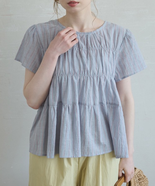 Crisp（クリスプ）の「ストライプシャーリングギャザーブラウス（シャツ/ブラウス・レディース・ブルー/ホワイト・FREE）」の14枚目の写真