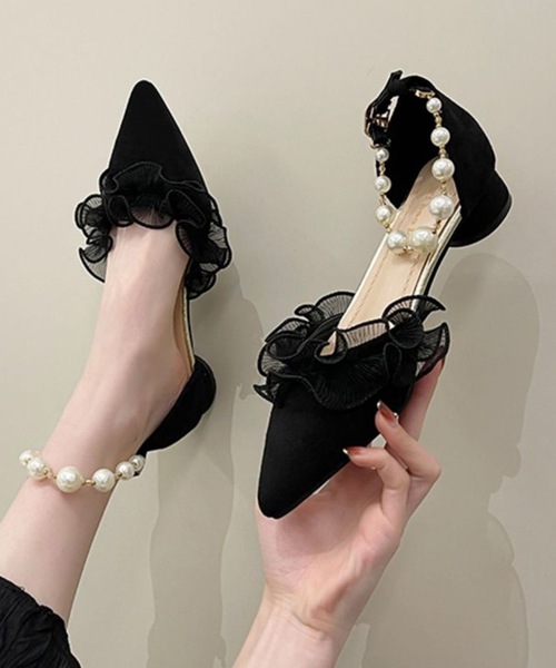 Lace Ladies(レースレディース)の「ポインテッドトゥ フリル パール アンクルストラップ パンプス(パンプス・レディース・ブラック/アイボリー・22.5cm/23cm/23.5cm/24cm/24.5cm)」の7枚目の写真