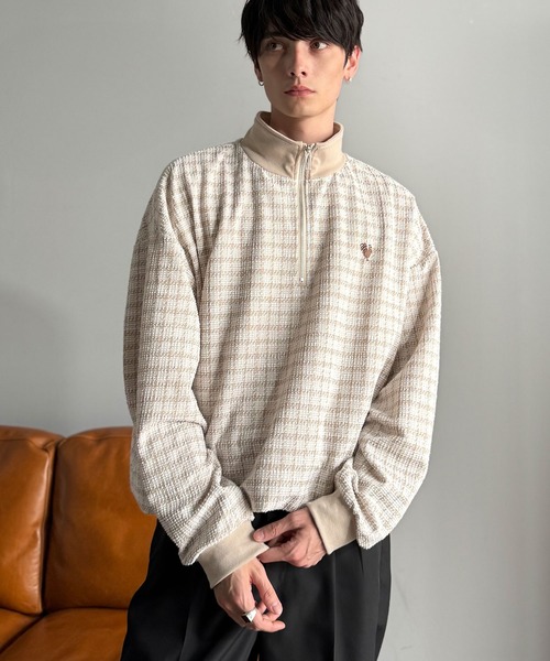 セール】「裾ドロスト付き。」ツイード素材ハーフジッププルオーバー