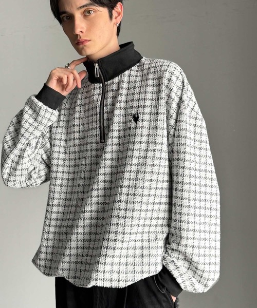 Classical Origin（クラシカルオリジン）の「「裾ドロスト付き。」ツイード素材ハーフジッププルオーバー（長袖）/Tweed Fabric Drawcord Half-Zip Pullover（Tシャツ/カットソー・メンズ・オフホワイト/ベージュ/ブラック・SMALL/MEDIUM/LARGE）」の4枚目の写真