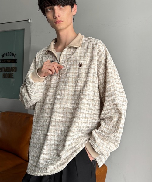 Classical Origin（クラシカルオリジン）の「「裾ドロスト付き。」ツイード素材ハーフジッププルオーバー（長袖）/Tweed Fabric Drawcord Half-Zip Pullover（Tシャツ/カットソー・メンズ・オフホワイト/ベージュ/ブラック・SMALL/MEDIUM/LARGE）」の16枚目の写真