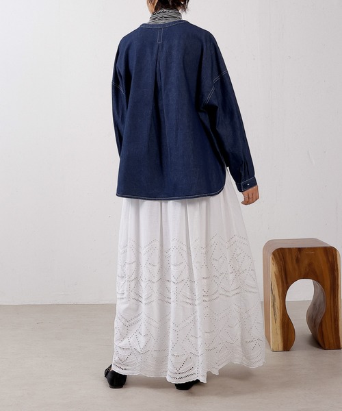 emesuelee(エメスーリー)の「デニムワイドノーカラーシャツ(シャツ/ブラウス・レディース・ブルー/ネイビー・フリー)」の9枚目の写真