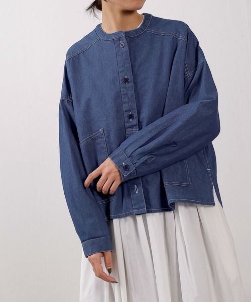 emesuelee(エメスーリー)の「デニムワイドノーカラーシャツ(シャツ/ブラウス・レディース・ブルー/ネイビー・フリー)」の16枚目の写真