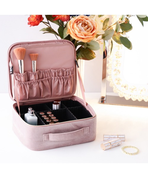 ベロアリボン メイクバッグ グリーン 仕切り ミラー付き 角度調節可能