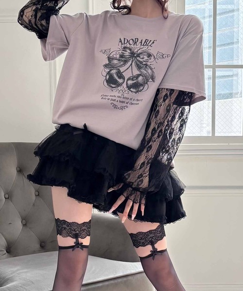 MA*RS(アメーバーマーズ)の「りぼんチェリーレース袖ロンT(Tシャツ/カットソー・レディース・チャコールグレー/ピンク/ブラック/レッド・FREE)」の3枚目の写真