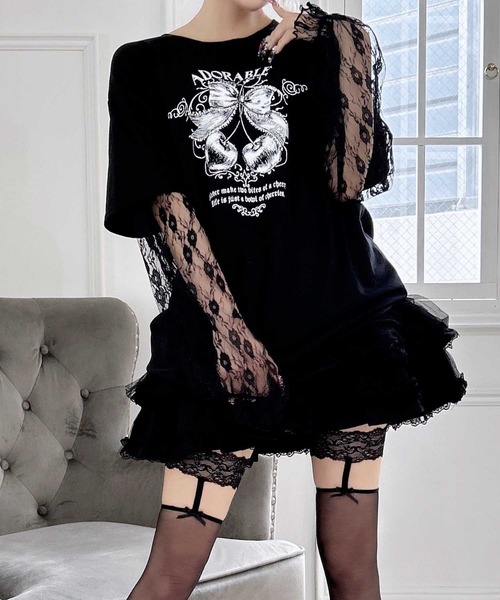 MA*RS(アメーバーマーズ)の「りぼんチェリーレース袖ロンT(Tシャツ/カットソー・レディース・チャコールグレー/ピンク/ブラック/レッド・FREE)」の2枚目の写真