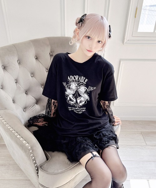 MA*RS(アメーバーマーズ)の「りぼんチェリーレース袖ロンT(Tシャツ/カットソー・レディース・チャコールグレー/ピンク/ブラック/レッド・FREE)」の5枚目の写真