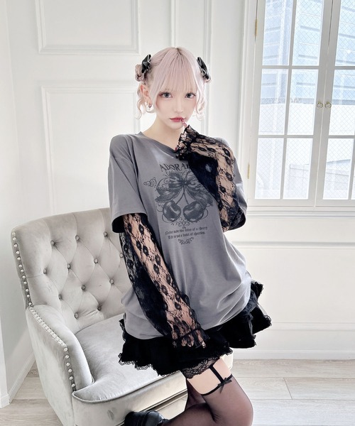 MA*RS(アメーバーマーズ)の「りぼんチェリーレース袖ロンT(Tシャツ/カットソー・レディース・チャコールグレー/ピンク/ブラック/レッド・FREE)」の9枚目の写真