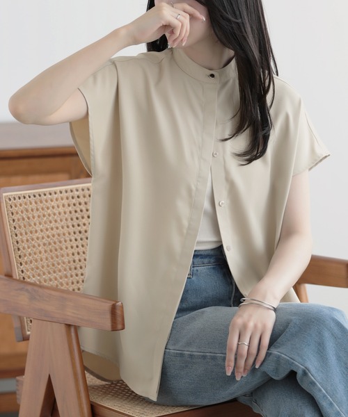 nouvellemoi（ヌーベルモイ）の「比翼フレンチスリーブバンドカラーシャツ（Tシャツ/カットソー・レディース・ブラック/グレイッシュベージュ/ベージュ/アイボリー・S/M/L）」の3枚目の写真