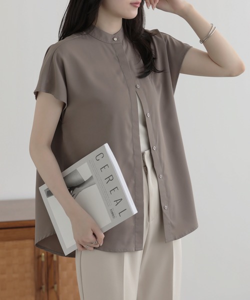 nouvellemoi（ヌーベルモイ）の「比翼フレンチスリーブバンドカラーシャツ（Tシャツ/カットソー・レディース・ブラック/グレイッシュベージュ/ベージュ/アイボリー・S/M/L）」の4枚目の写真