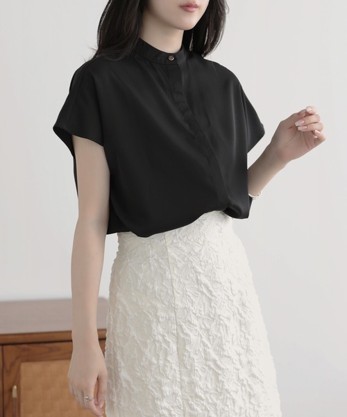 nouvellemoi（ヌーベルモイ）の「比翼フレンチスリーブバンドカラーシャツ（Tシャツ/カットソー・レディース・ブラック/グレイッシュベージュ/ベージュ/アイボリー・S/M/L）」の10枚目の写真