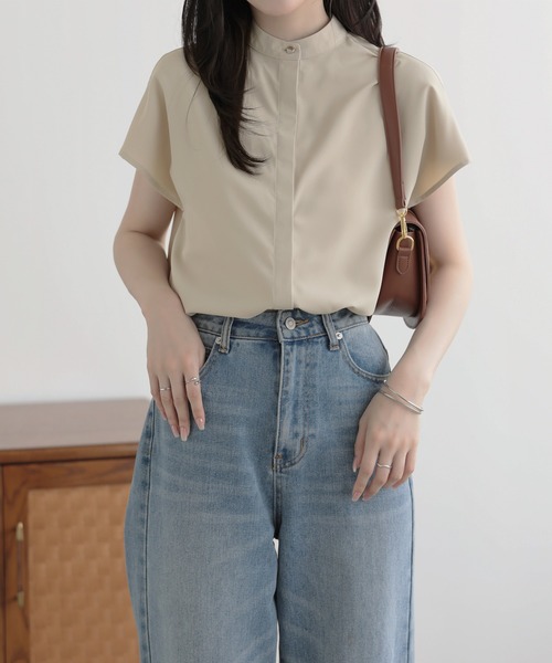 nouvellemoi（ヌーベルモイ）の「比翼フレンチスリーブバンドカラーシャツ（Tシャツ/カットソー・レディース・ブラック/グレイッシュベージュ/ベージュ/アイボリー・S/M/L）」の13枚目の写真